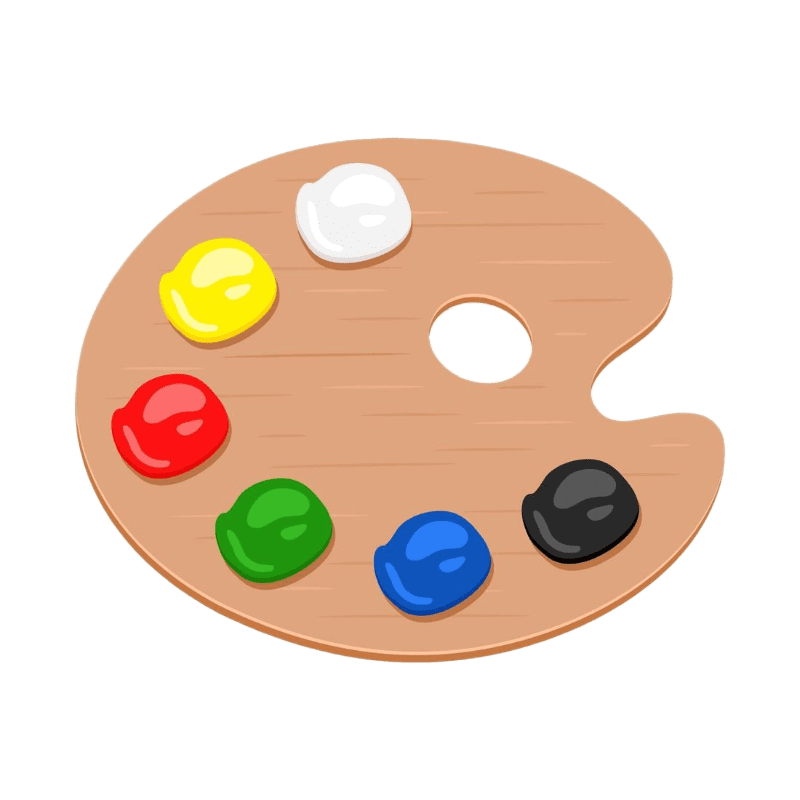 An artist's wooden palette with six vibrant paint colors.