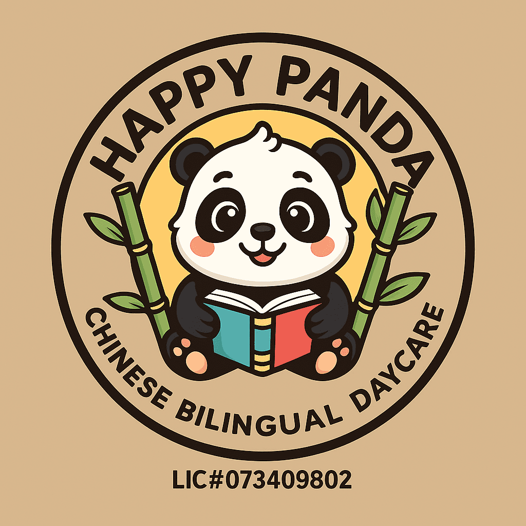 Happy Panda logo with reading panda illustration.