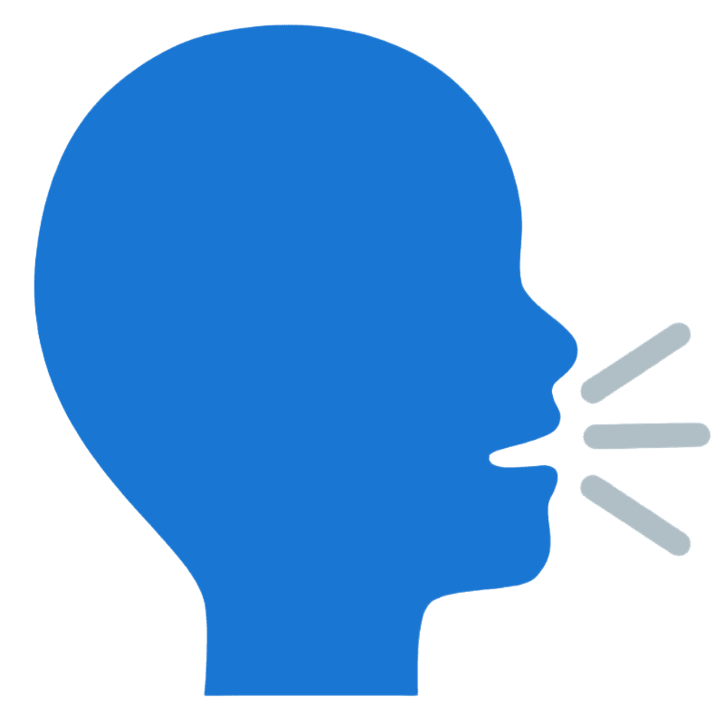 Blue silhouette of a person speaking with sound waves.